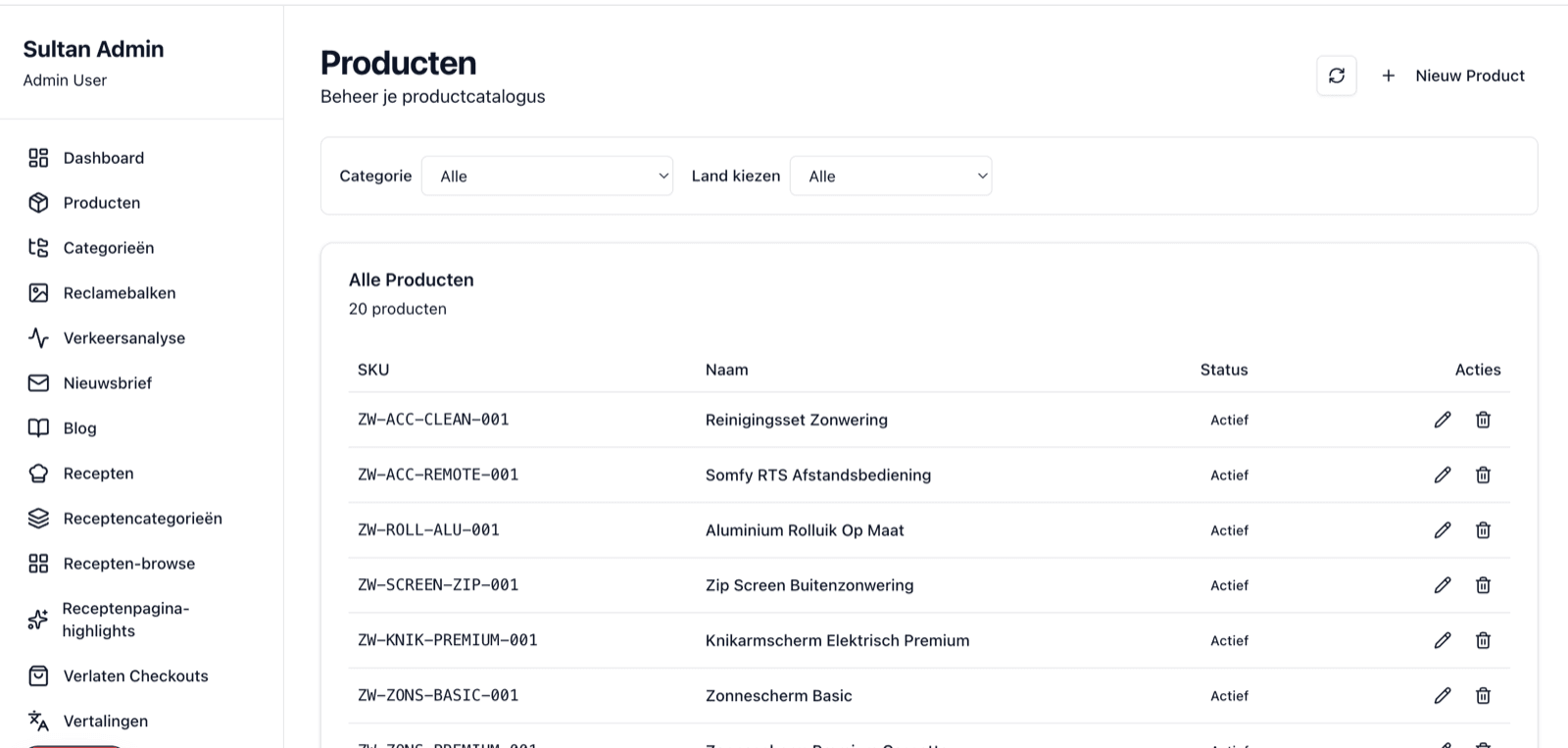Voorbeeld van een productbeheer-dashboard dat we voor een webshop bouwden — categorieën, SKU's, status en directe acties op één scherm